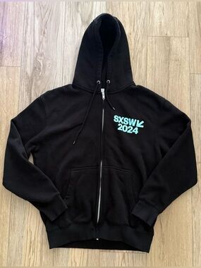 SXSW 2024 Black Zip Hoodie with Teal Logo